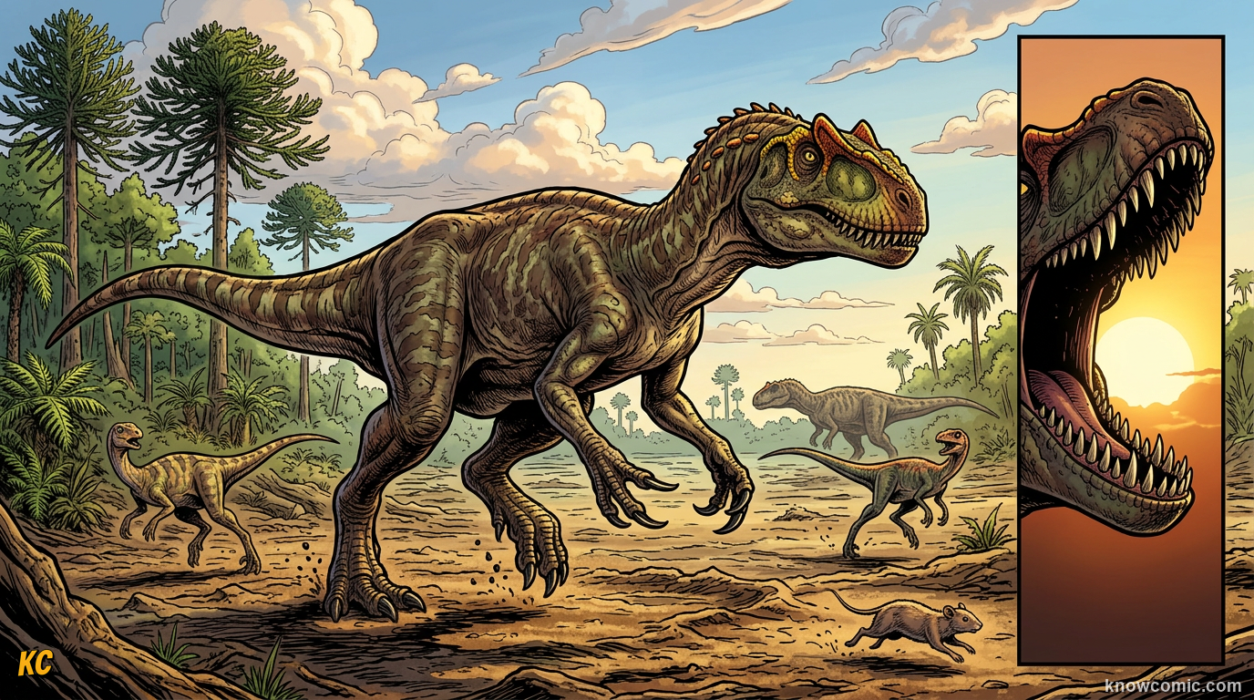 Comic illustration of Allosaurus as apex predator of the Late Jurassic Morrison Formation