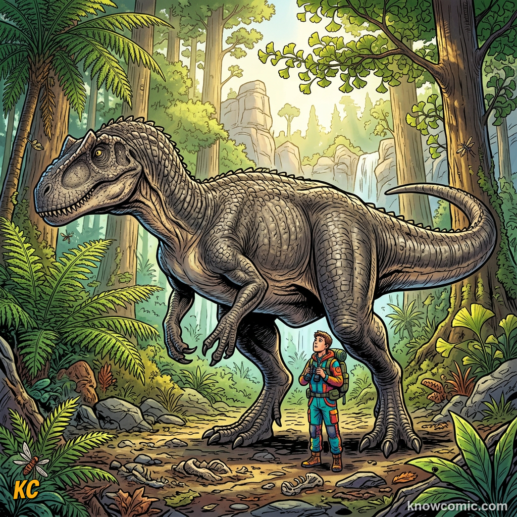 Comic size chart of Allosaurus compared to a human showing 8 to 10 metre length