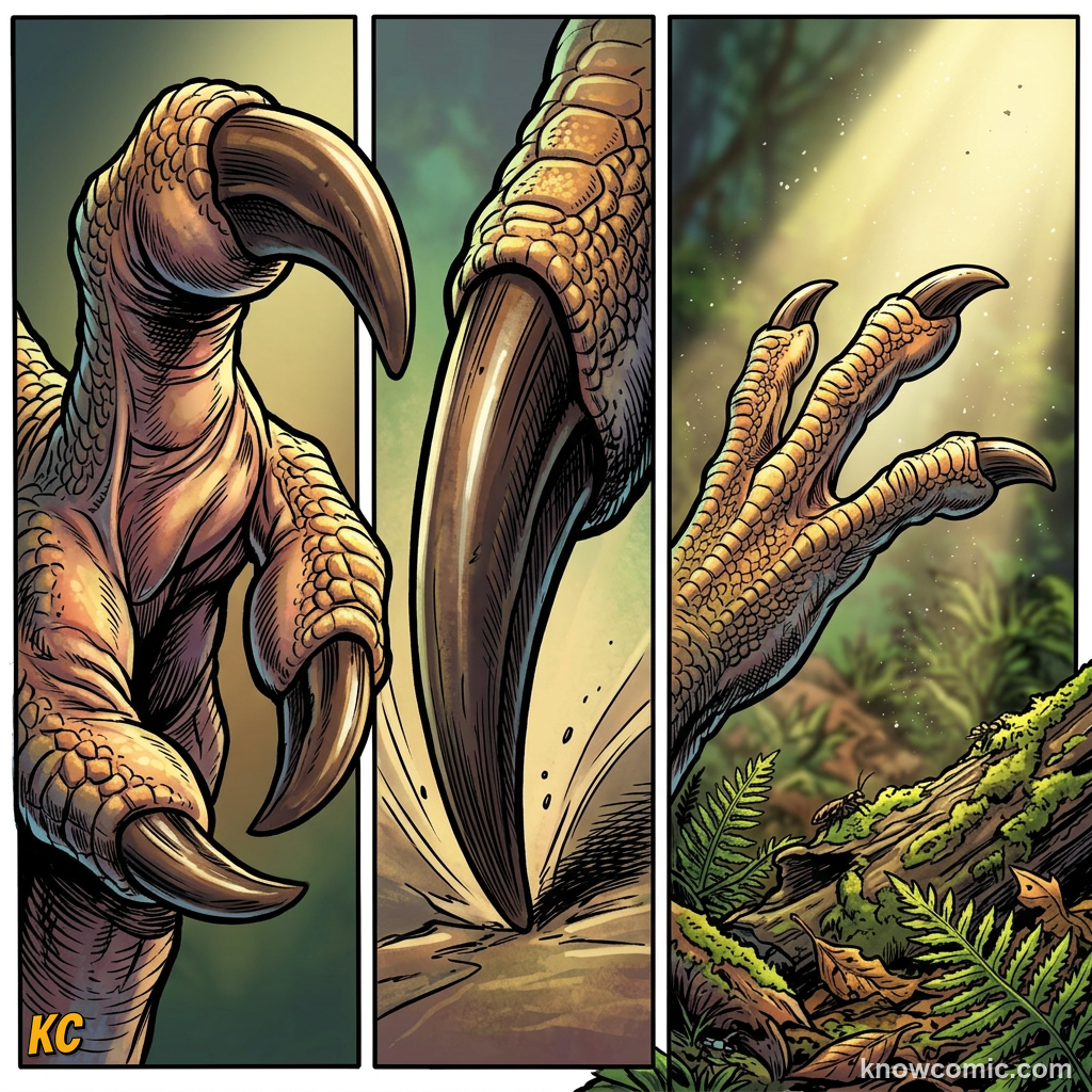 Comic close-up of Allosaurus three-fingered grasping hands with sharp claws