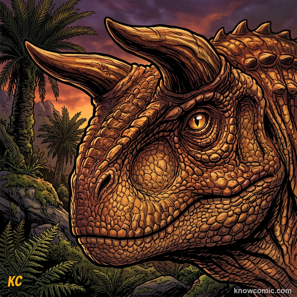 Comic close-up of Carnotaurus two thick brow horns sticking up like a bull