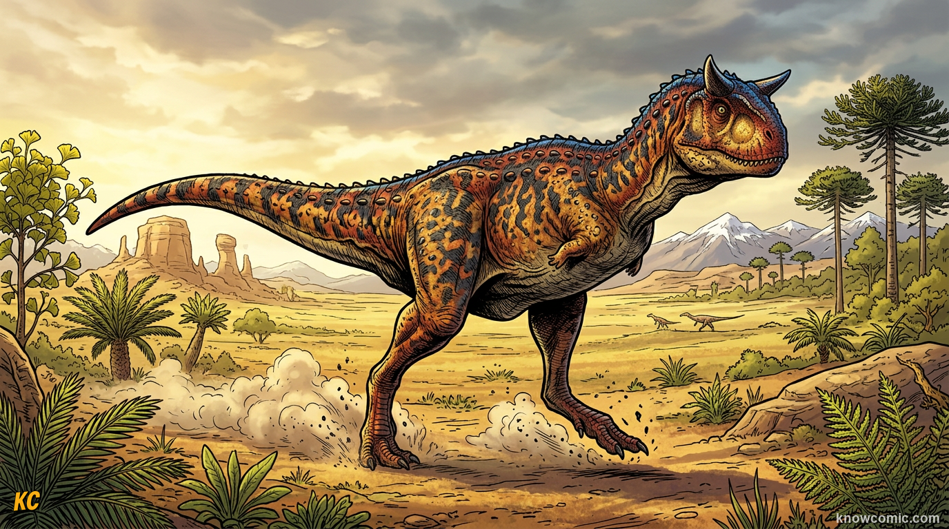 Comic illustration of Carnotaurus with two bull-like horns on its short deep skull