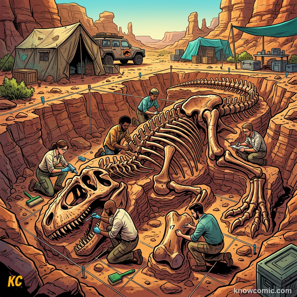 Comic scene of palaeontologists excavating Giganotosaurus bones in Patagonia Argentina