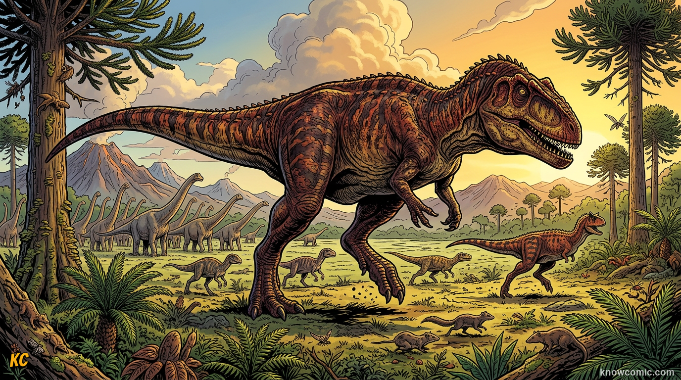 Comic illustration of Giganotosaurus towering over a Cretaceous floodplain in Argentina