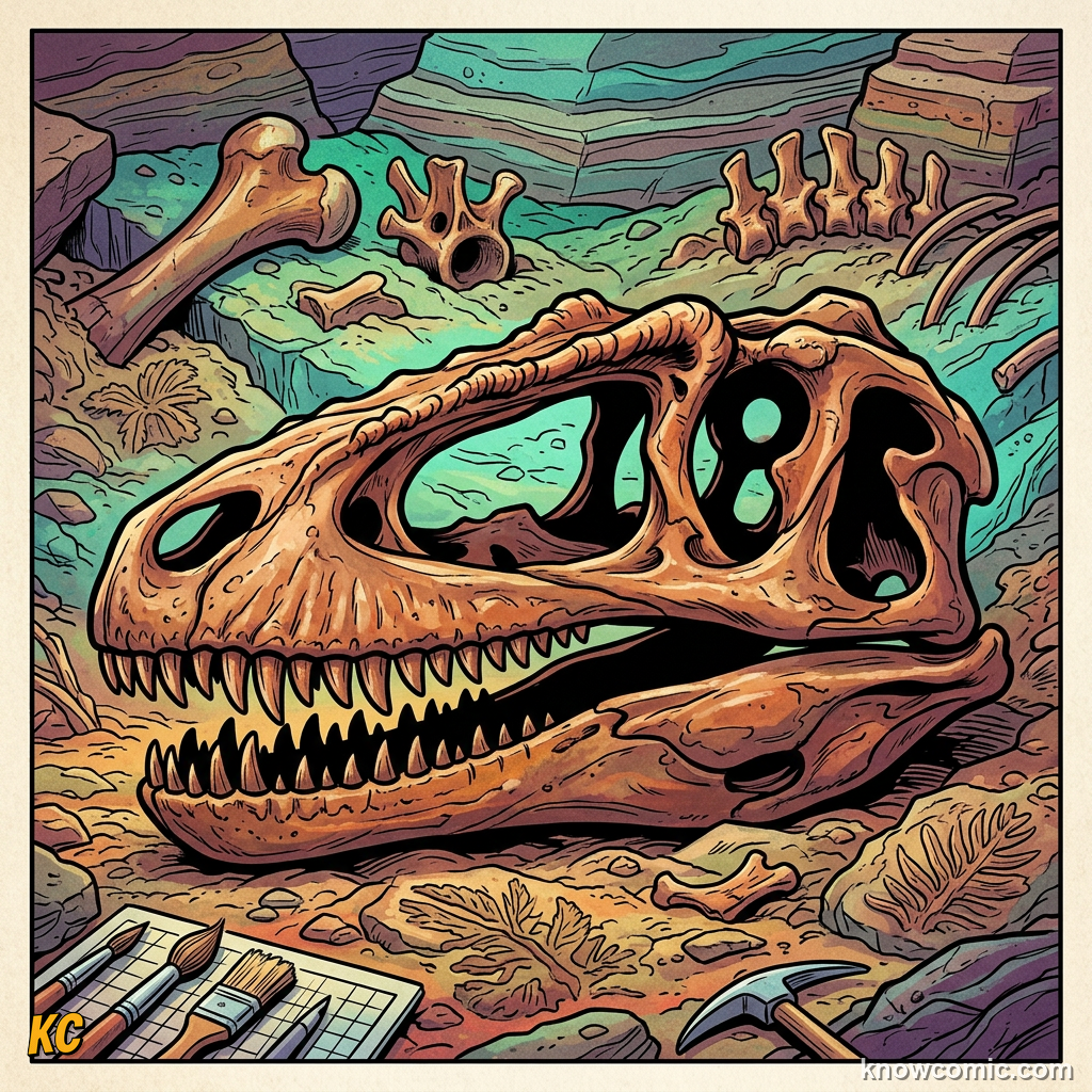 Comic close-up of Giganotosaurus long narrow skull compared to a shorter tyrannosaur snout