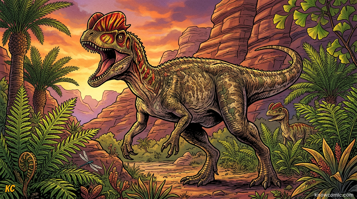 Comic illustration of real Dilophosaurus wetherilli with twin crests on its head in Early Jurassic Arizona