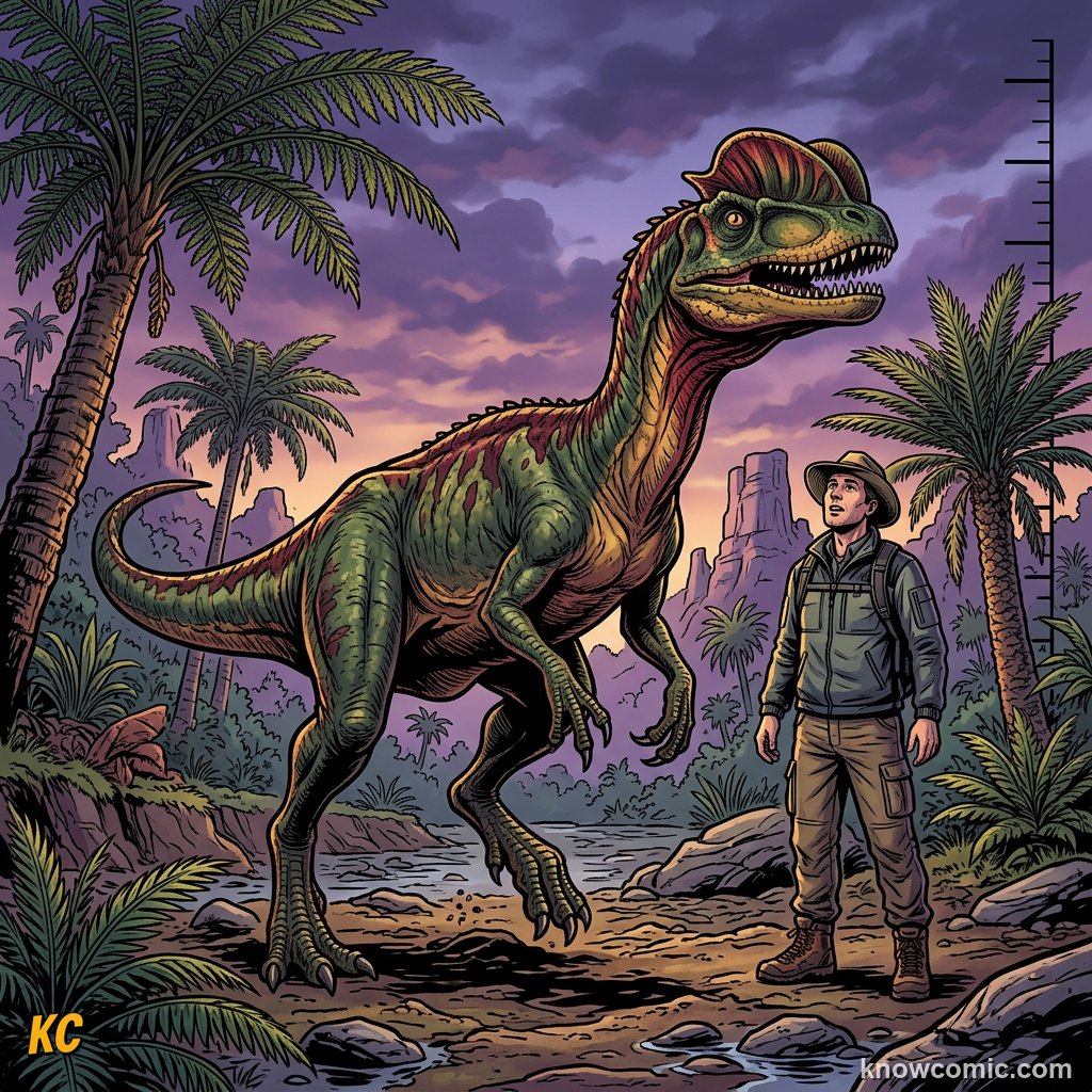 Comic size comparison showing Dilophosaurus at six to seven metres next to a human