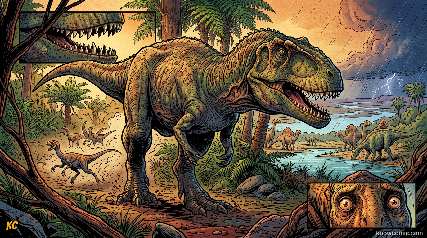 Comic illustration of Carcharodontosaurus saharicus roaring on a Late Cretaceous North African plain