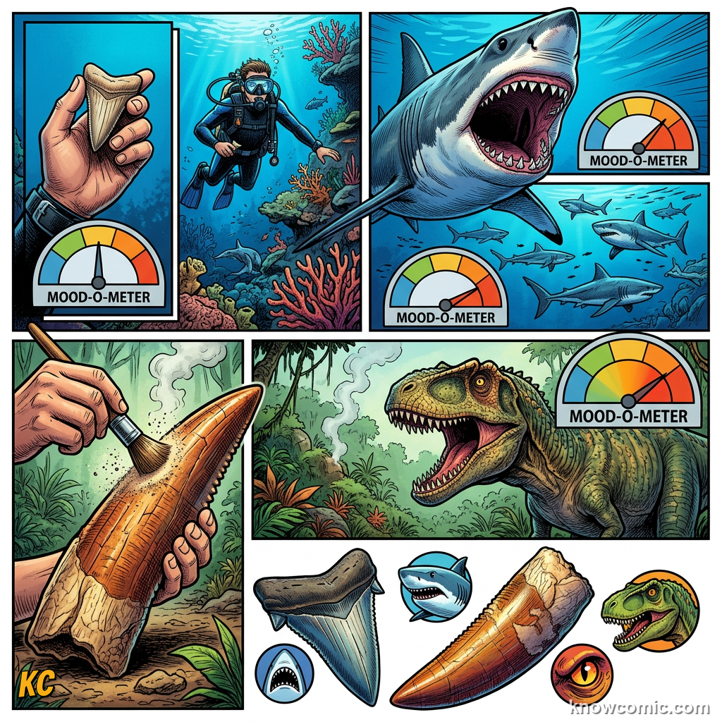 Comic comparison of Carcharodontosaurus teeth with great white shark teeth showing similar serrations