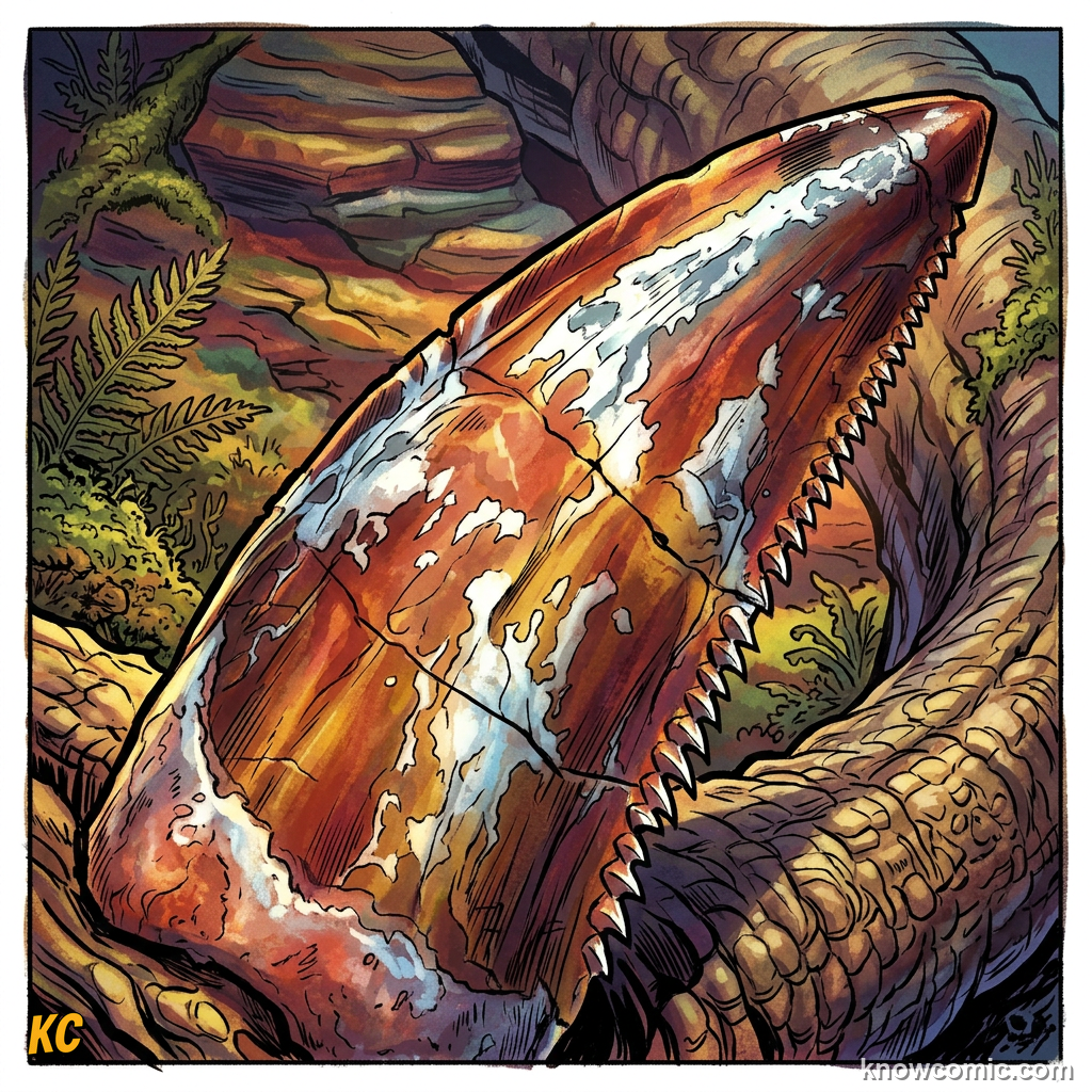 Comic close-up of Carcharodontosaurus serrated blade-like teeth compared to a steak knife