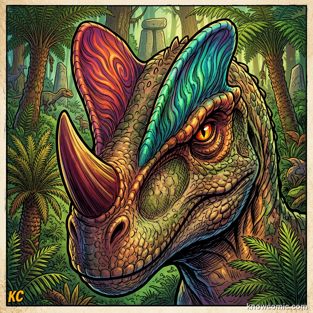 Comic close-up of Ceratosaurus brow crests above the eyes with dramatic colouring