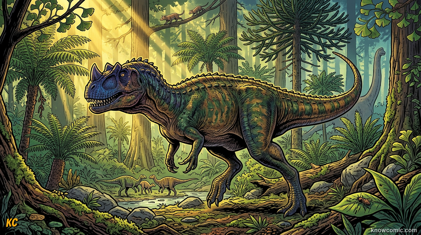 Comic illustration of Ceratosaurus nasicornis with nasal horn and brow crests in the Morrison Formation