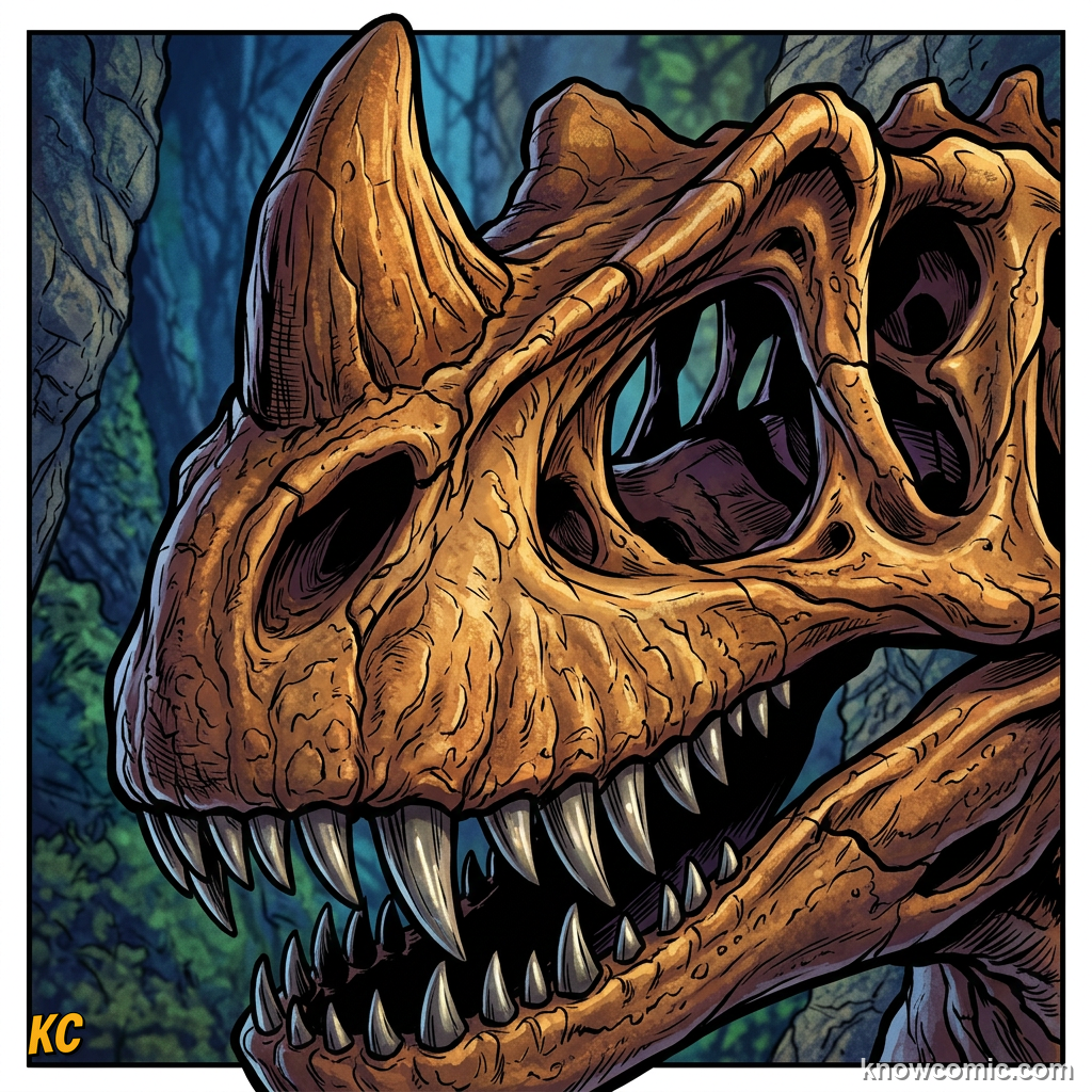 Comic close-up of Ceratosaurus nasal horn on the tip of its snout