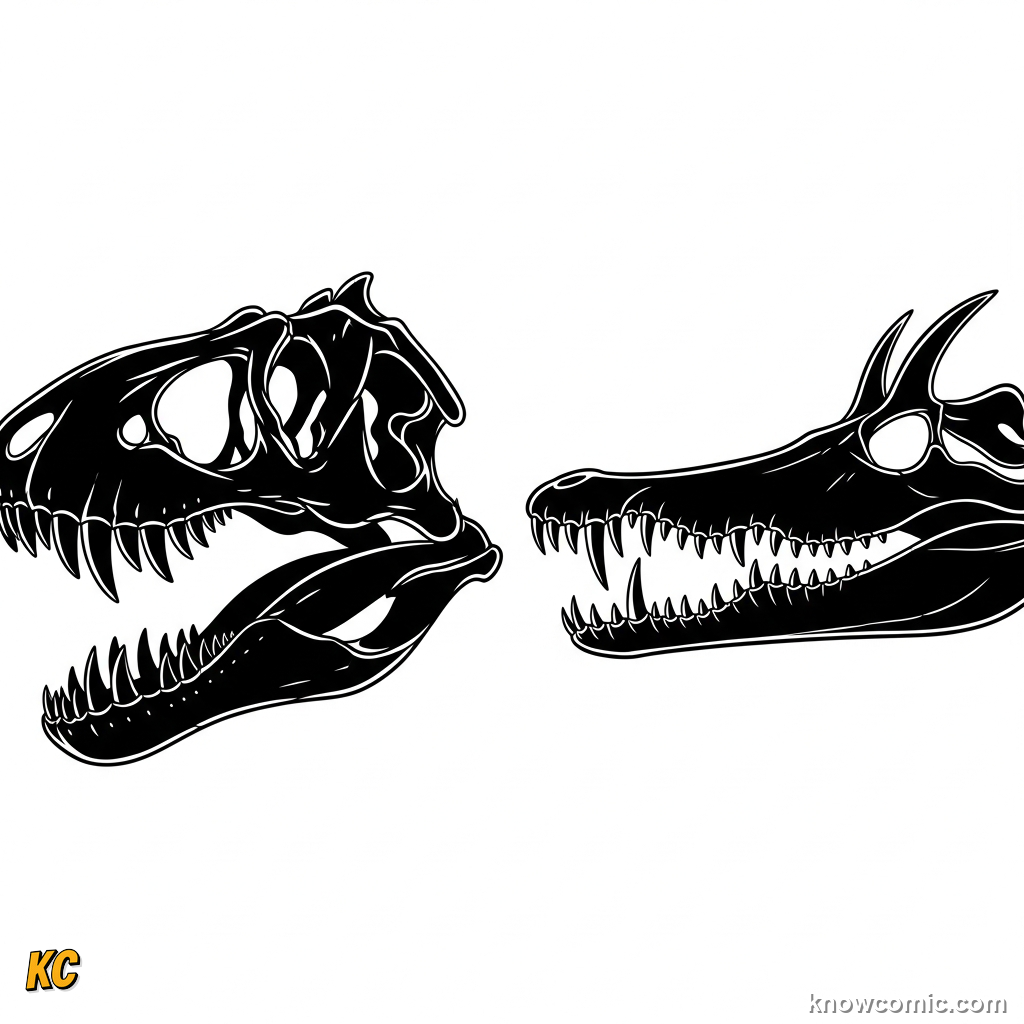 ONE ANCESTOR, TWO DESTINIES, comic scene of archosaur skulls