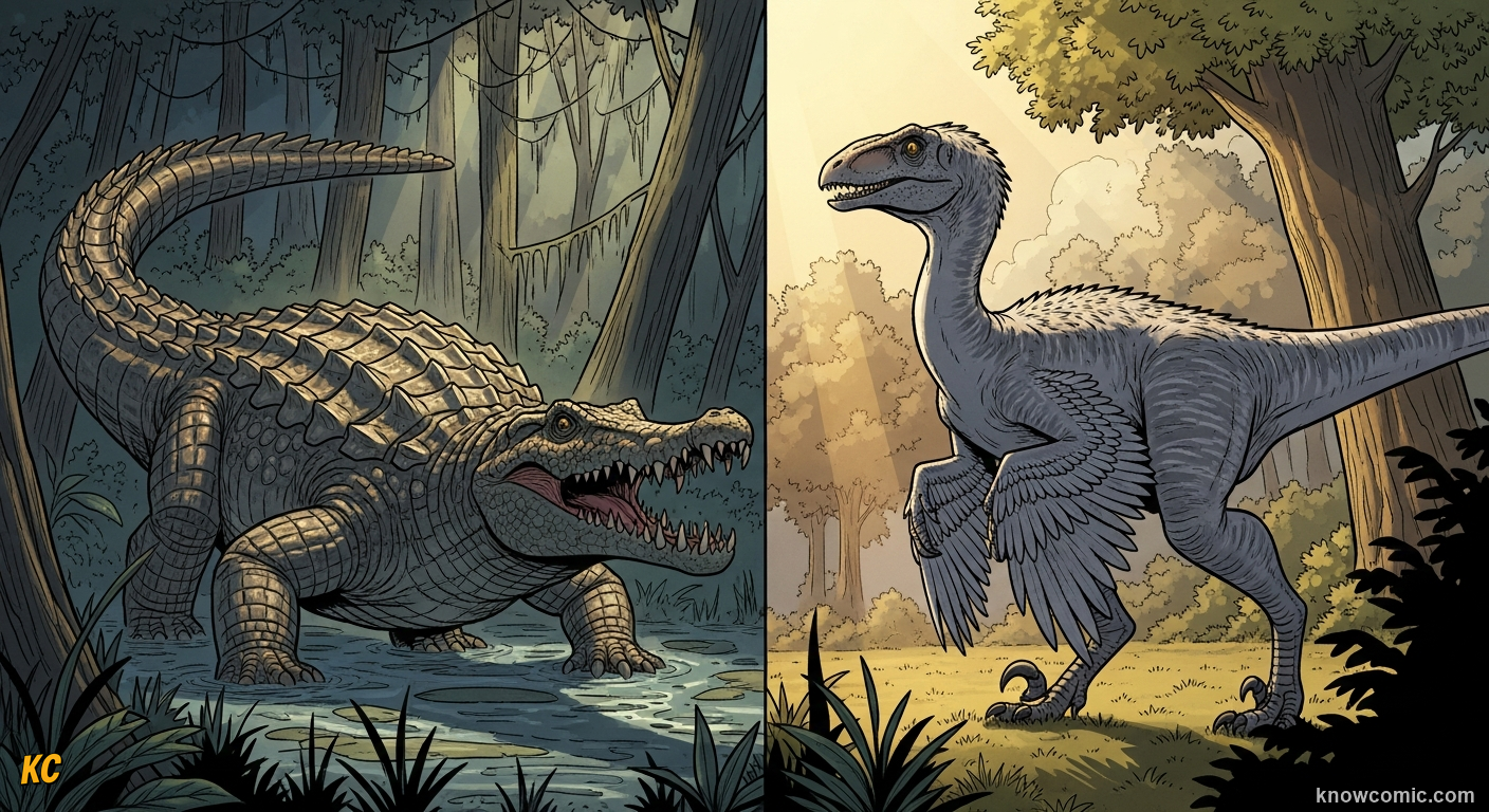 THE RULING REPTILES, comic scene of archosaur split