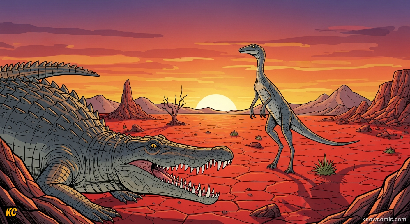 250 MA, comic scene of archosaurs intro