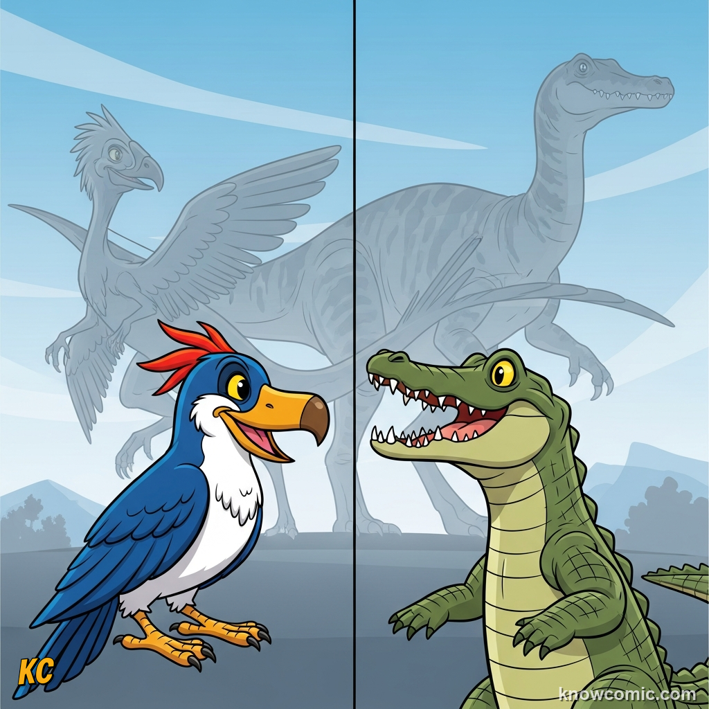 DINOSAURIA IS BORN, comic scene of birds and crocs