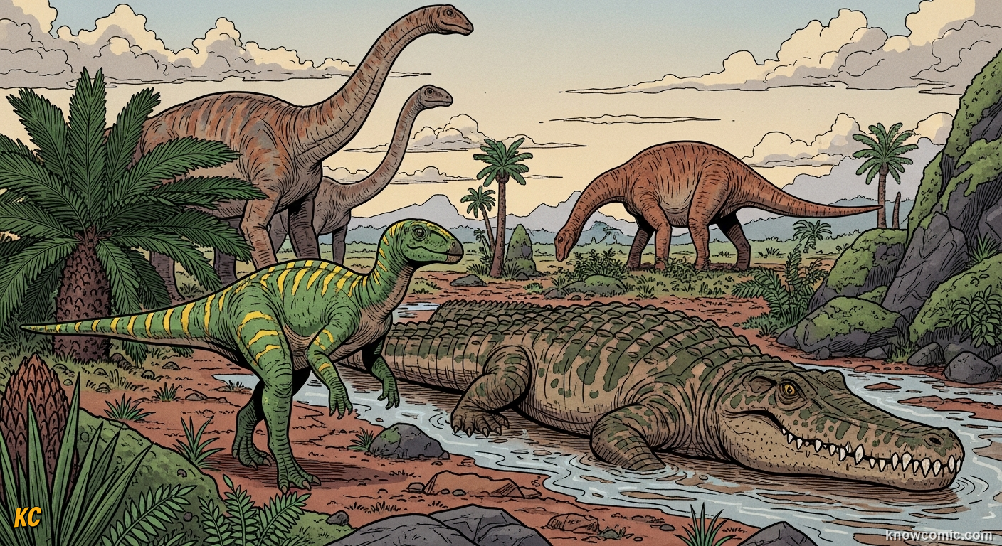EMPTY WORLD, NEW RULERS, comic scene of first dinosaurs