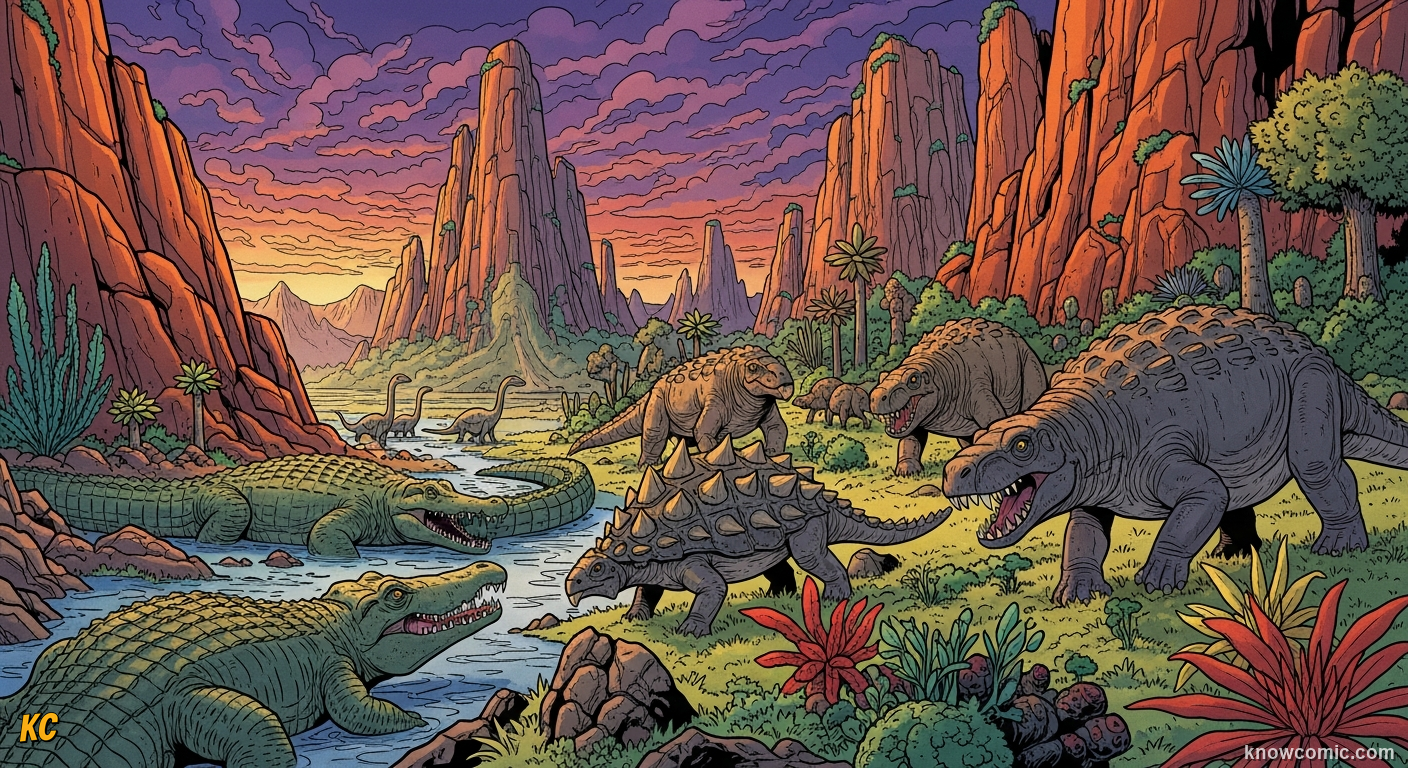 TRIASSIC REBOUND, comic scene of triassic archosaurs
