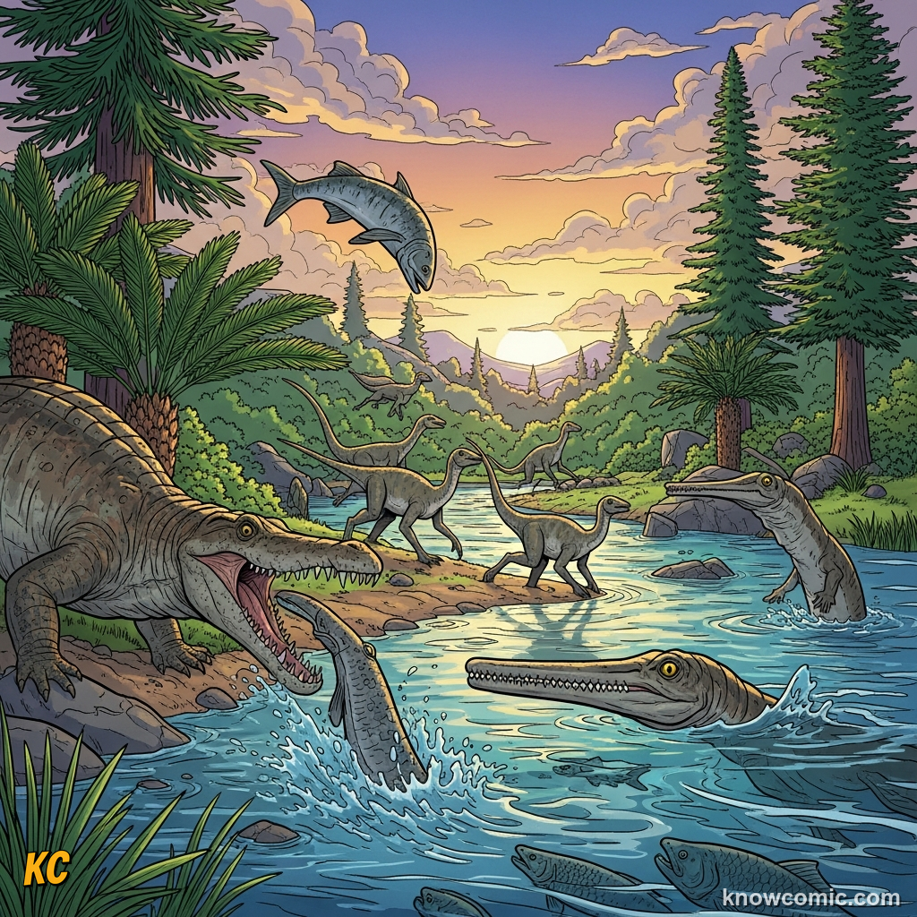 ONE ANCESTOR, TWO DESTINIES, comic scene of triassic habitat