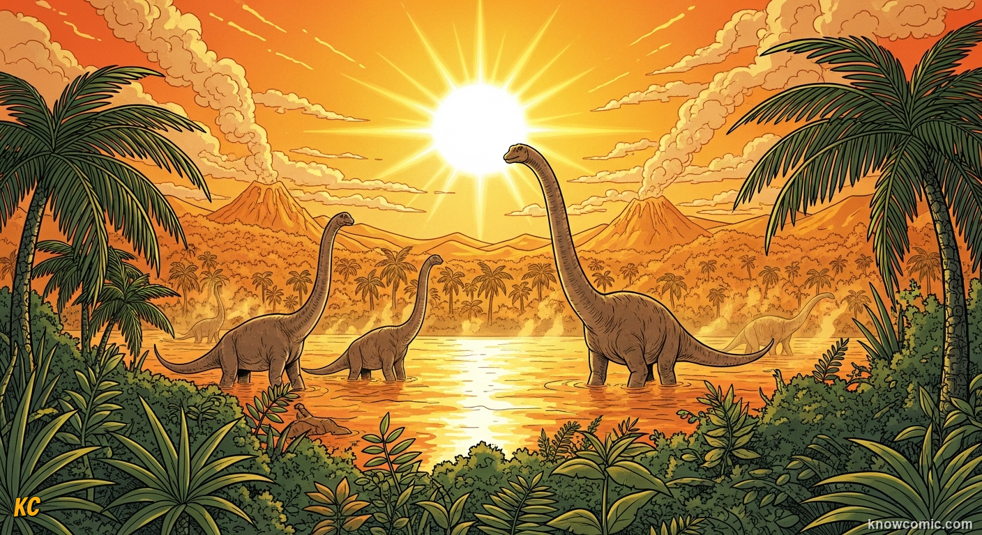 A Hot, Hot World: warm greenhouse Mesozoic landscape with dinosaurs