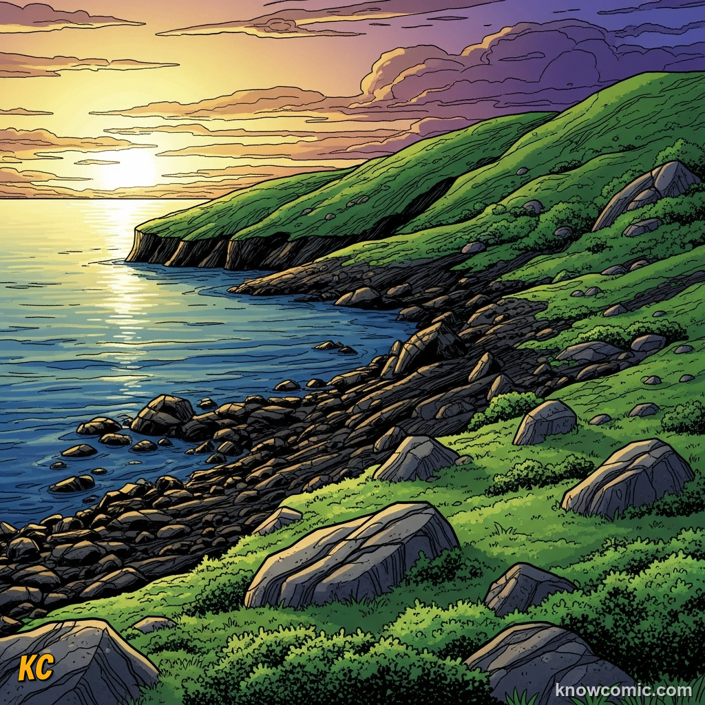 No ice caps: bare green polar coastline with no glaciers
