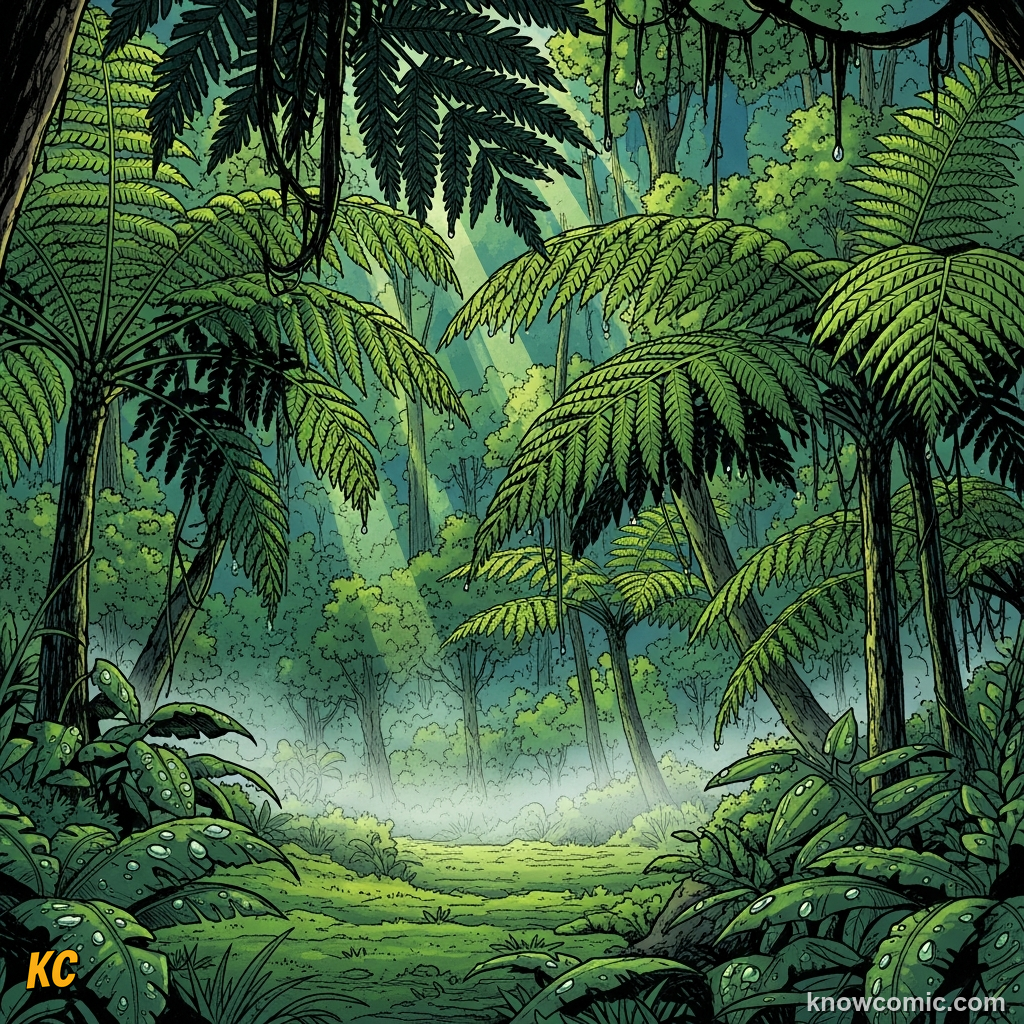 Warm rain: humid Mesozoic landscape full of ferns and tree ferns