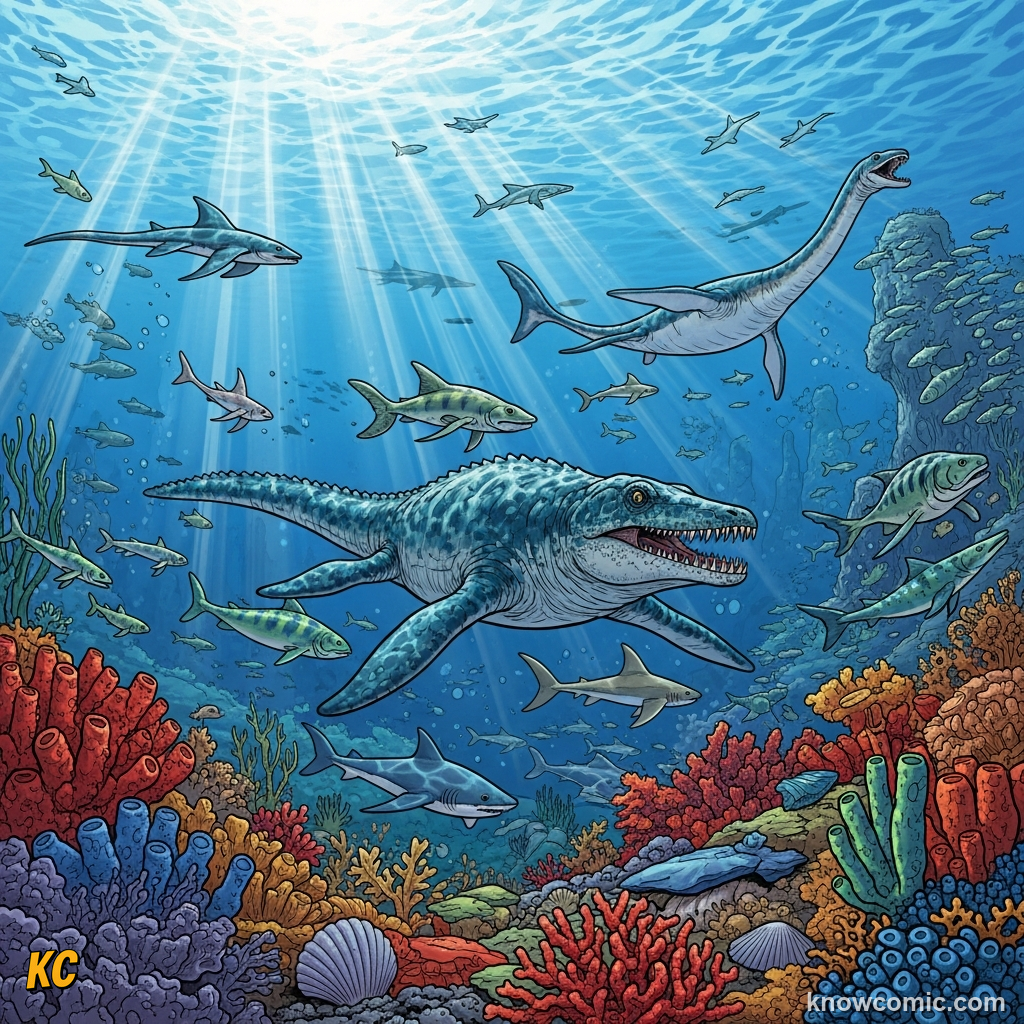 Warm seas: tropical Mesozoic ocean full of marine reptiles