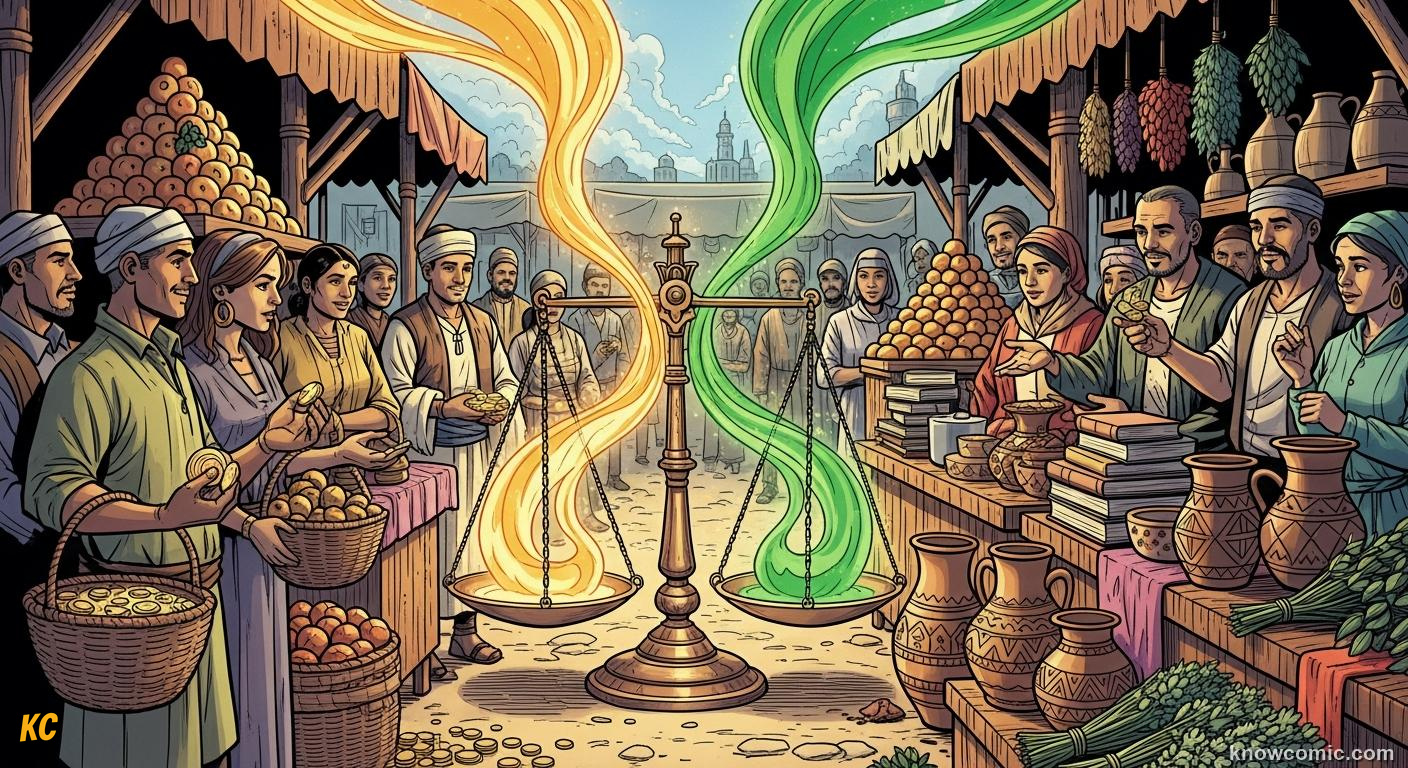 Supply and demand two forces meeting at a busy market stall, comic illustration
