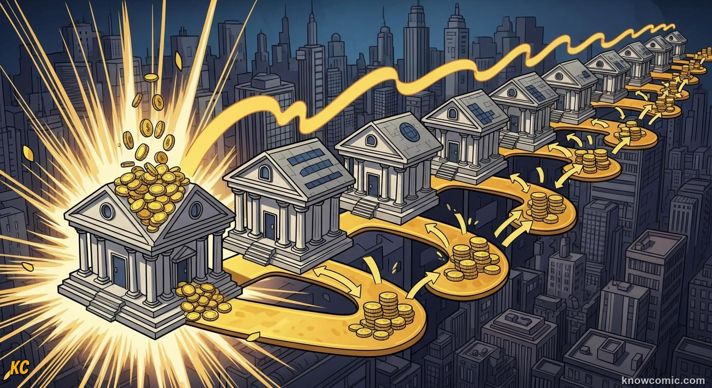 Money multiplier chain showing one deposit sparking multiple rounds of lending