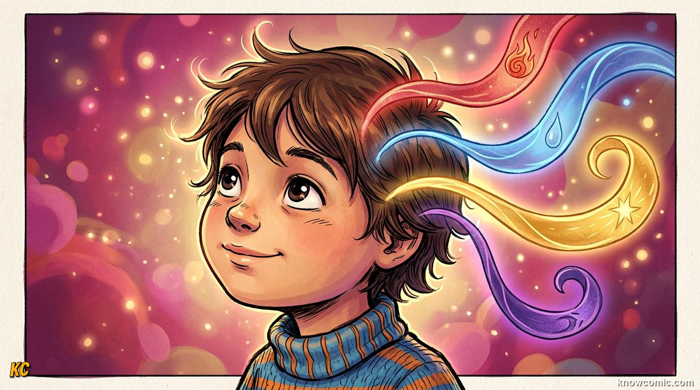 Illustration of brain signals creating emotions, colorful and vibrant comic style