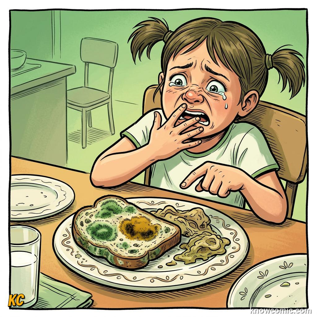 Comic panel about disgust and protection: Disgust Keeps You Healthy, Rotten Food, educational kids illustration