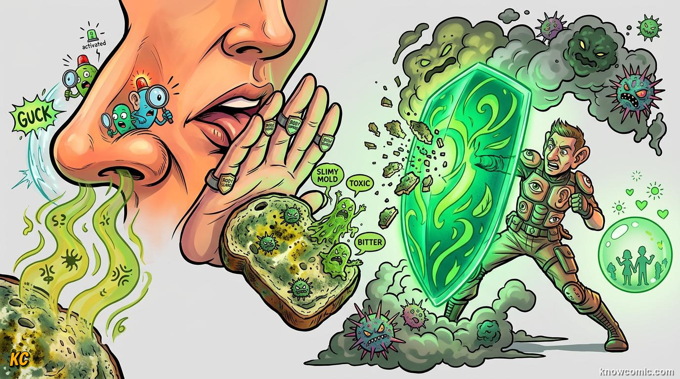 Comic panel about disgust and protection: Physical Shield, educational kids illustration