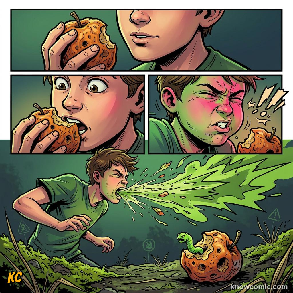 Comic panel about disgust and protection: Your Nose Knows Danger, Bitter Warning, educational kids illustration