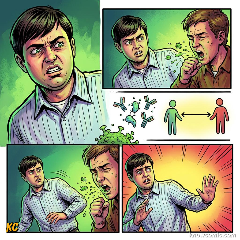 Comic panel about disgust and protection: Your Nose Knows Danger, Contagion, educational kids illustration