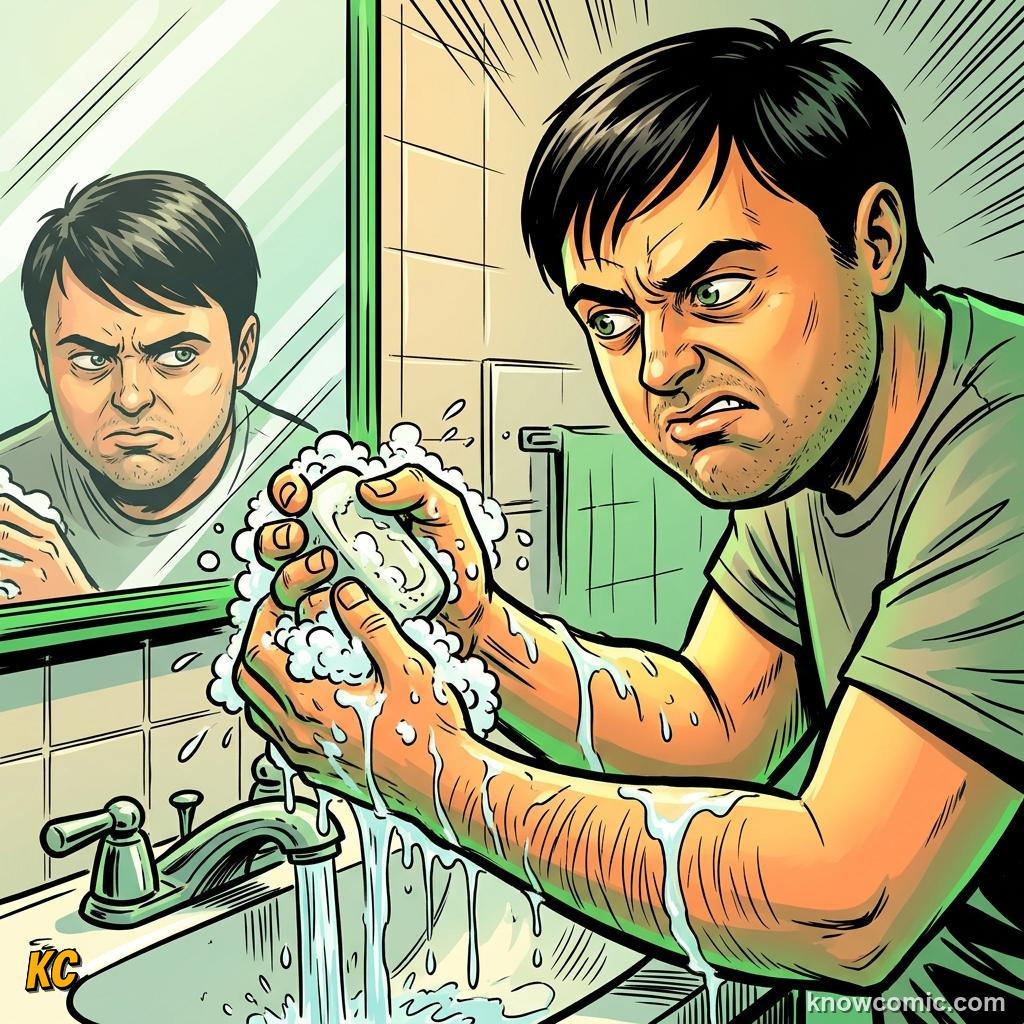 Comic panel about disgust and protection: Wash Up, educational kids illustration