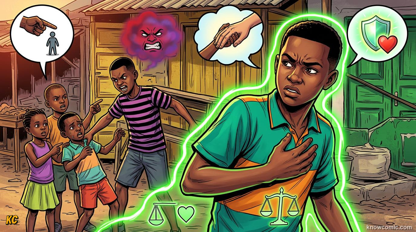 Comic panel about disgust and protection: Values Line, educational kids illustration