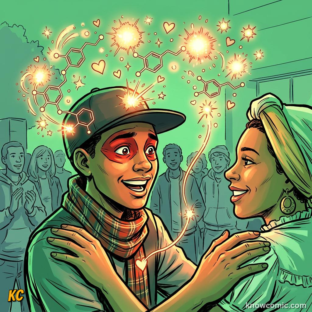 Comic panel about love and connection: Hormones Help Love Grow, Dopamine, educational kids illustration