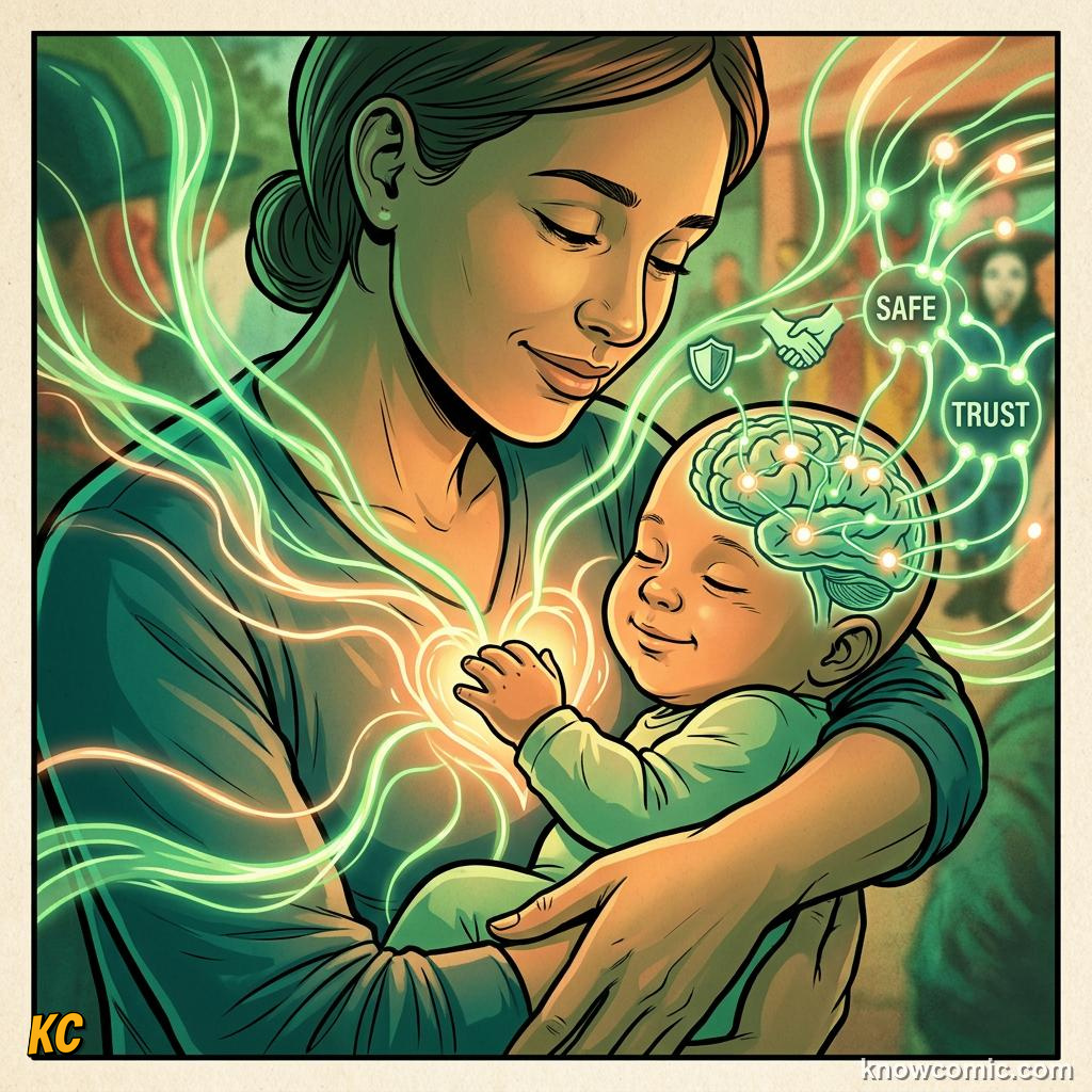 Comic panel about love and connection: Hormones Help Love Grow, Attachment, educational kids illustration