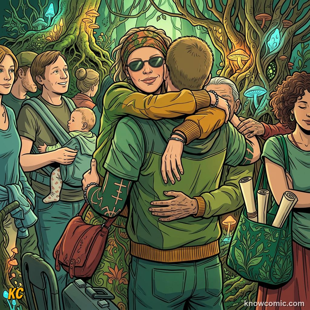 Comic panel about love and connection: Group, educational kids illustration