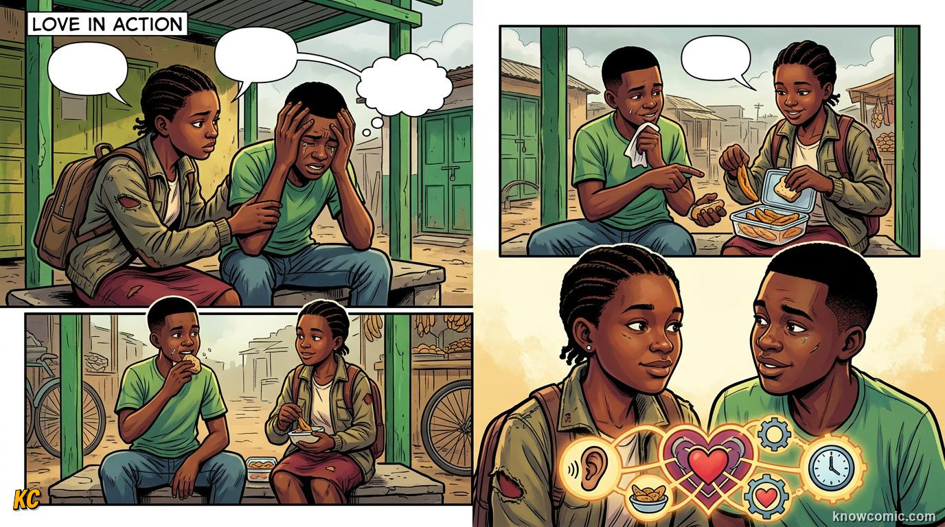 Comic panel about love and connection: More Than A Feeling, educational kids illustration