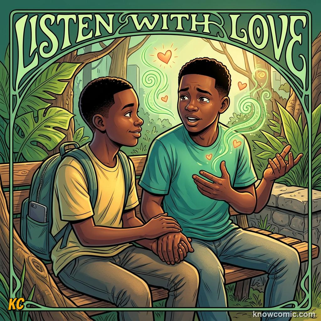 Comic panel about love and connection: Listen, educational kids illustration