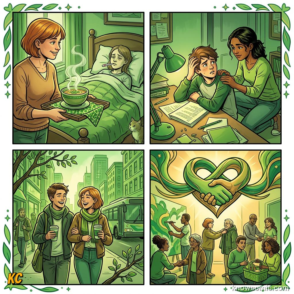 Comic panel about love and connection: Care, educational kids illustration