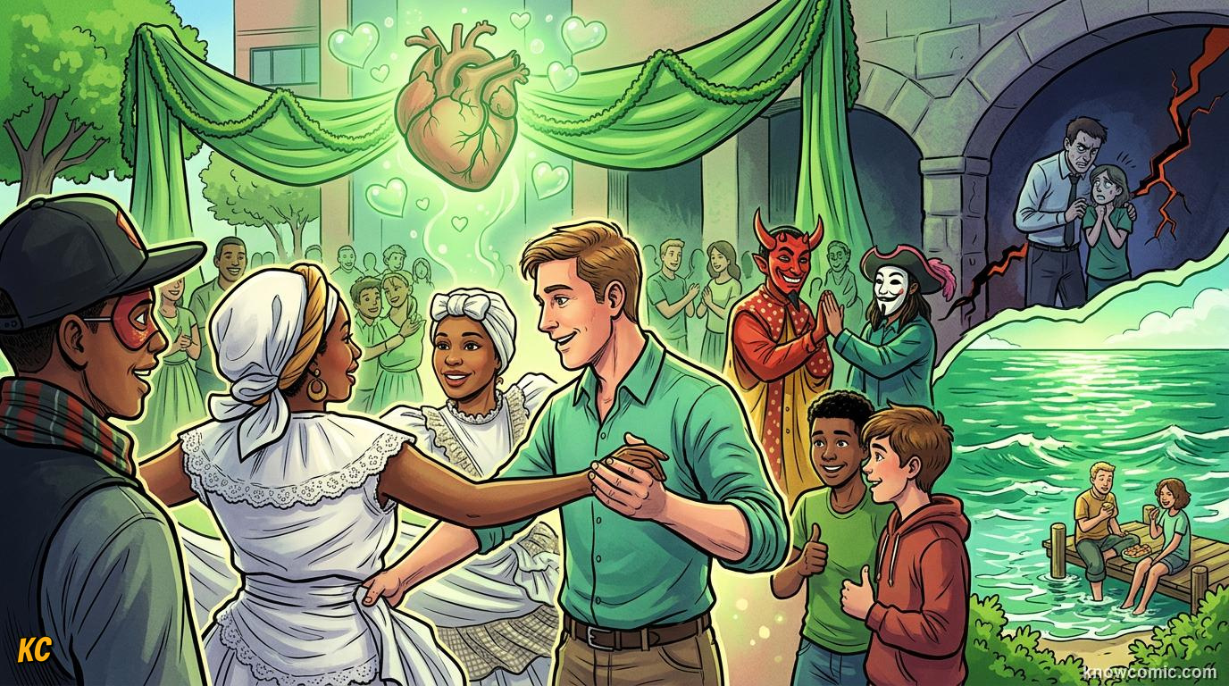 Comic panel about love and connection: Love Shows In What You Do, Healthy Bonds, educational kids illustration