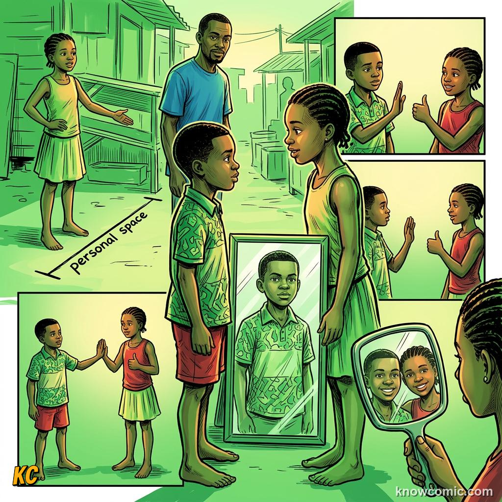 Comic panel about love and connection: Love Should Not Hurt, Respect, educational kids illustration