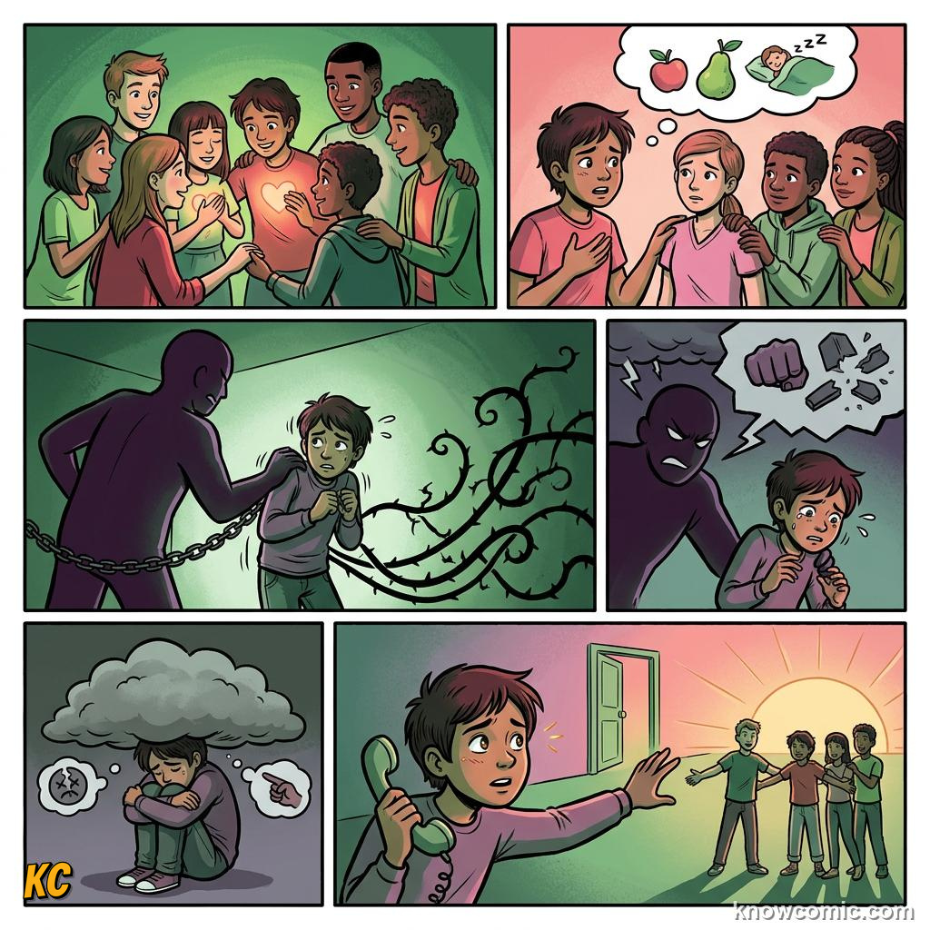 Comic panel about love and connection: Warnings, educational kids illustration