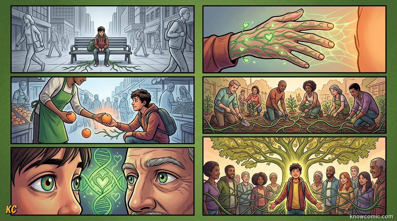 Comic panel about love and connection: Belonging, educational kids illustration