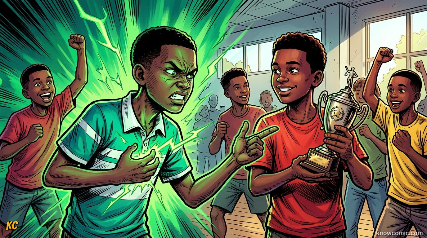 Comic panel about jealousy and desire: Green Flash, educational kids illustration
