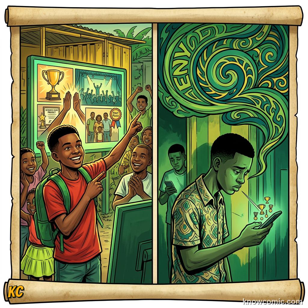 Comic panel about jealousy and desire: Jealousy Points At Value, Comparison, educational kids illustration
