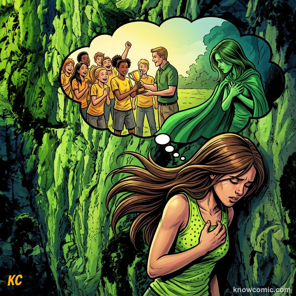Comic panel about jealousy and desire: Inner Voice, educational kids illustration