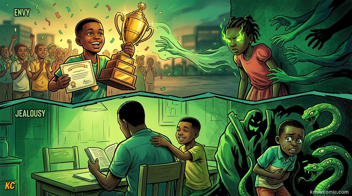 Comic panel about jealousy and desire: Two Shades, educational kids illustration
